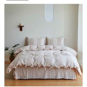 Cream/Tan Striped Washed Cotton Duvet Cover Set Reversible Country Bowknot Ties